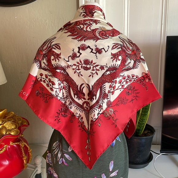 Gucci Red and White Dragon Silk Scarf - Picture 8 of 9